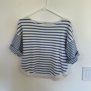 Zara Blue & White Striped Cotton Boat Neck Top | Nautical Preppy Style